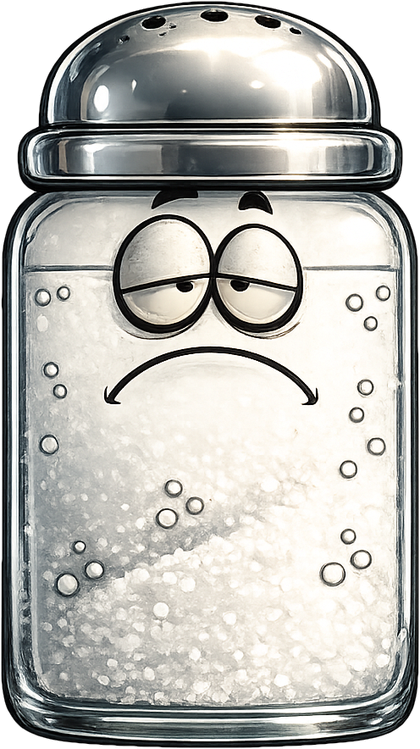The Chasing Salt mascot, a glass salt shaker with a tired face