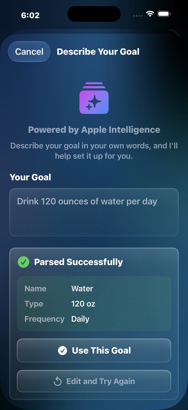 Describing a goal in plain words and Apple Intelligence turning it into a daily 120 oz water goal