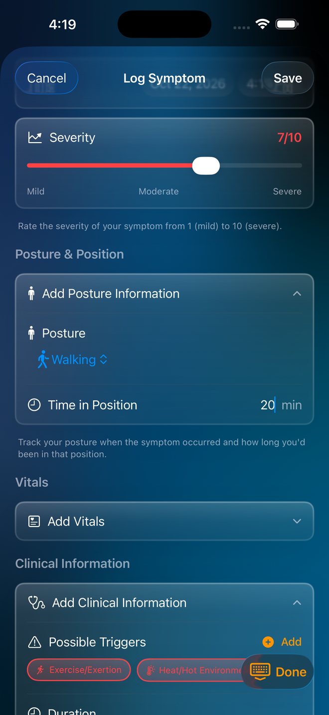 Logging a symptom with severity, posture and triggers
